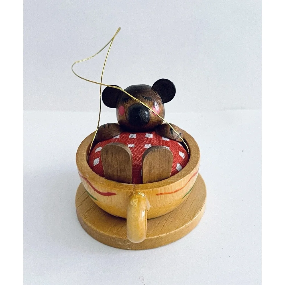 Vintage Taiwan R DAKIN Wooden Bear In A Teacup Ornament‎ Handpainted